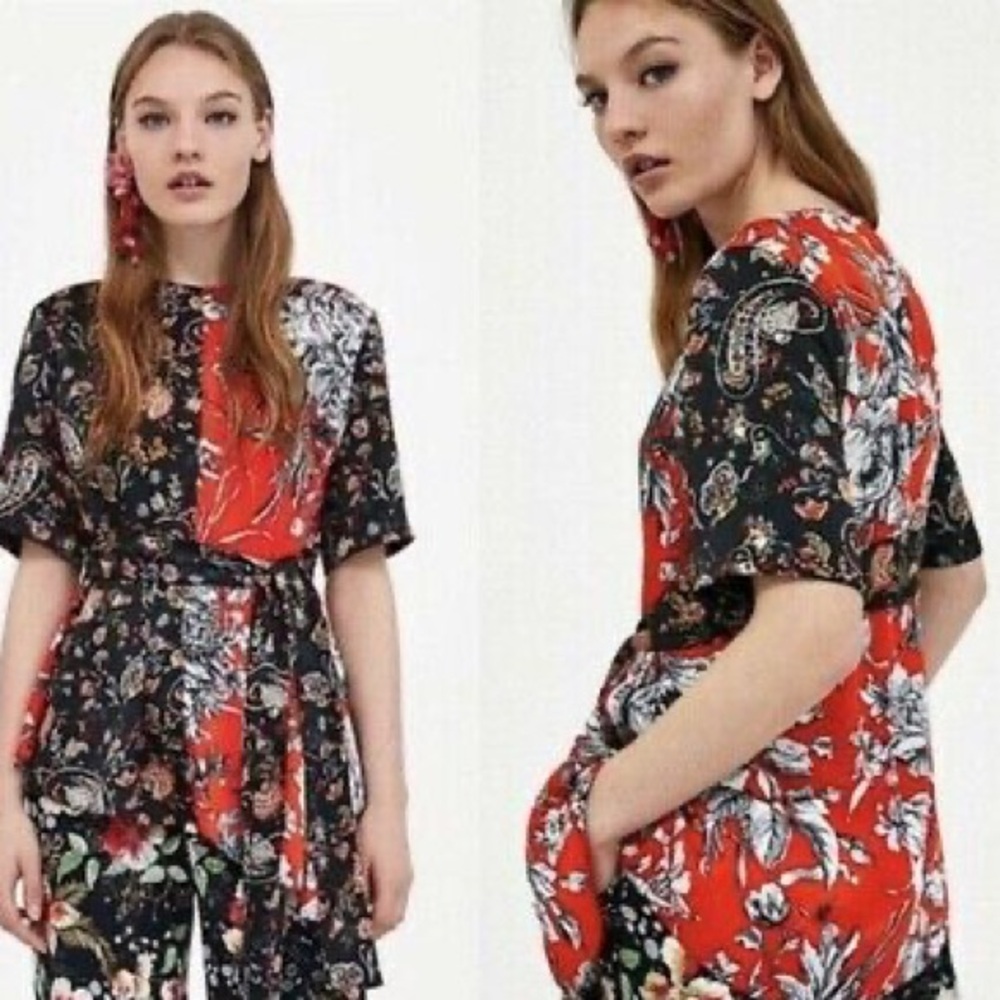 Zara Artsy Mixed Print Satin Blouse Asymmetrical Hemline